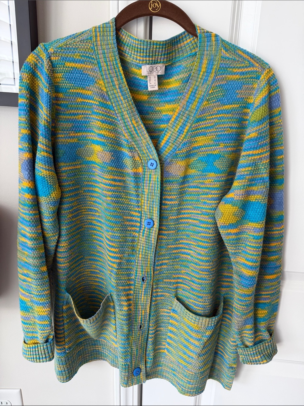 LOGO by Lori Goldstein Teal and Yellow Multicolor Knit Cardigan